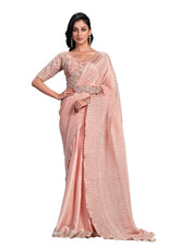 Peach Crape Satin Silk Embroidered Ready to Wear Saree